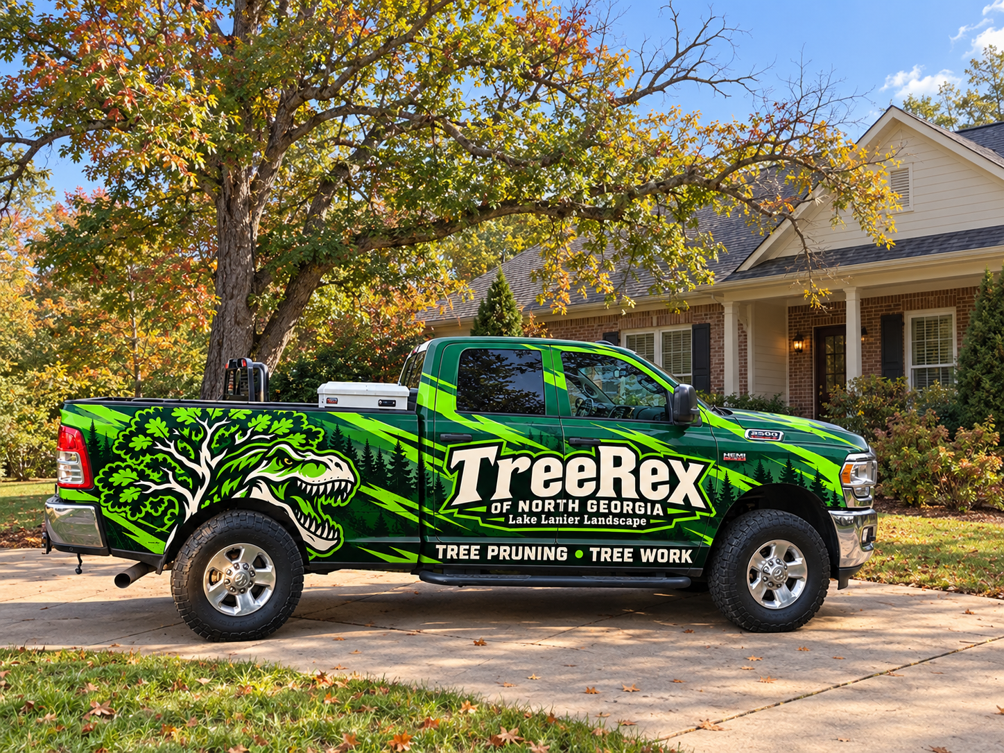 Tree Rex truck wrap concept in front of a home with a tree needing pruning; generated promotional illustration